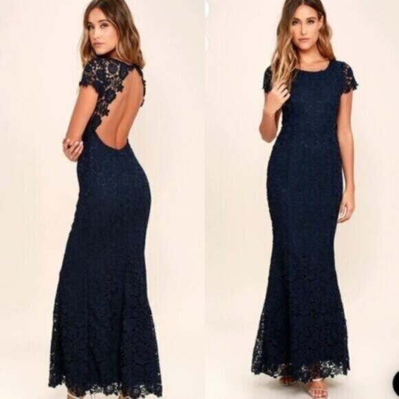 Lulus My Flare Lady Navy Blue Lace Maxi Dress Size Small Women - Picture 1 of 7